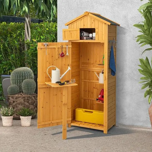 71 Inch Tall Garden Tool Storage Cabinet with Lockable Doors and Foldable Table-