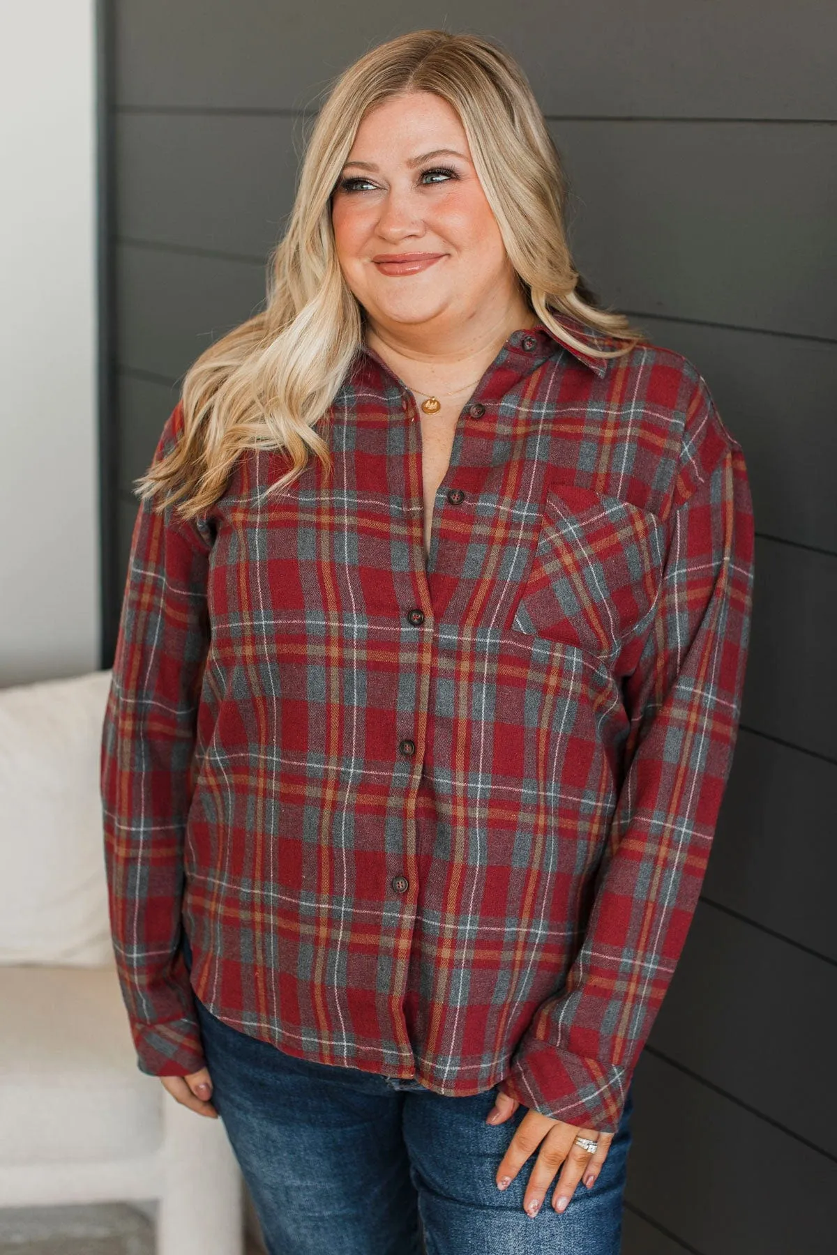 Adventure Out There Plaid Button Top- Dark Rust