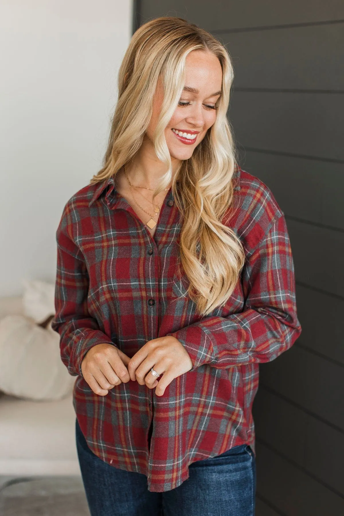 Adventure Out There Plaid Button Top- Dark Rust