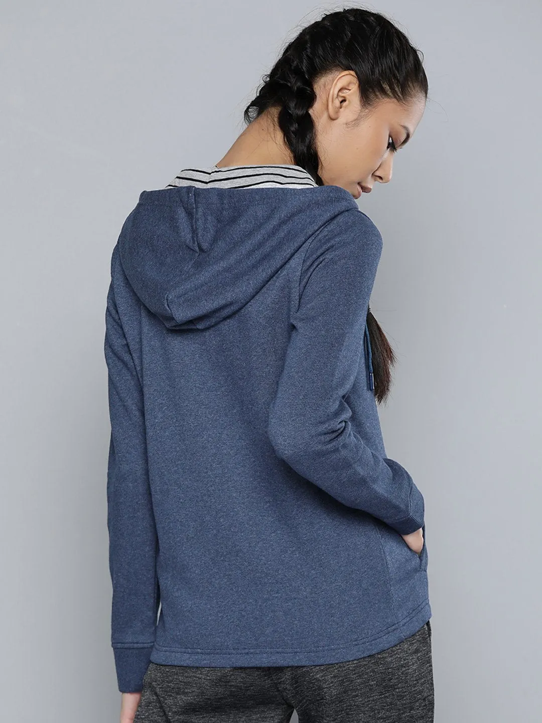 Alcis Women Navy Blue Solid Hooded Sweatshirt