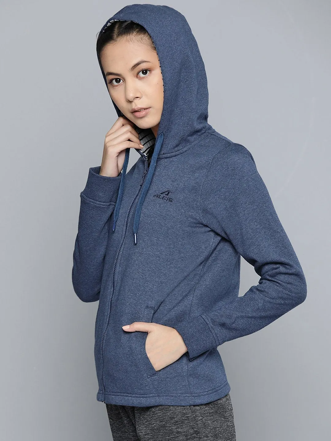 Alcis Women Navy Blue Solid Hooded Sweatshirt