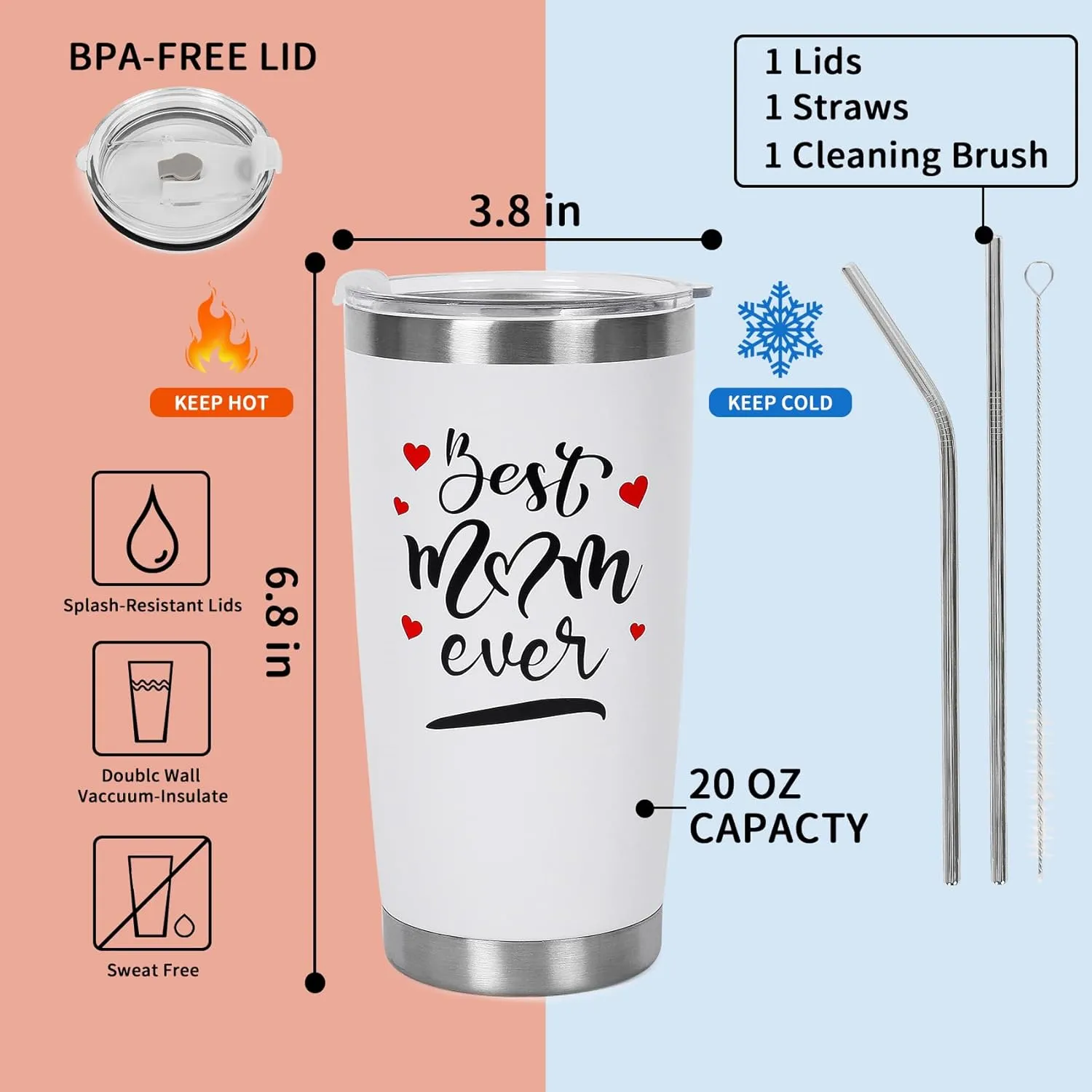 Best Mom Ever Gifts Tumbler for Women Mug(White), 20 oz Coffee Tumbler