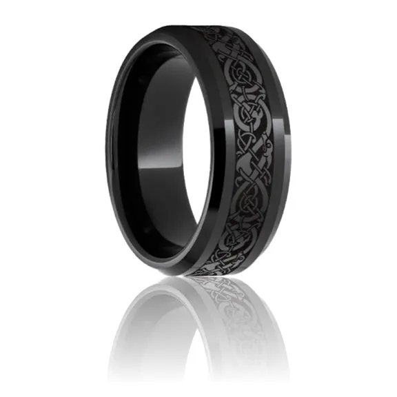 Black Ceramic Beveled Edge Band with Viking Laser Engraving