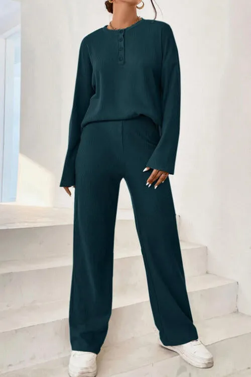 Bowie Ribbed Half Button Top and Pants Set