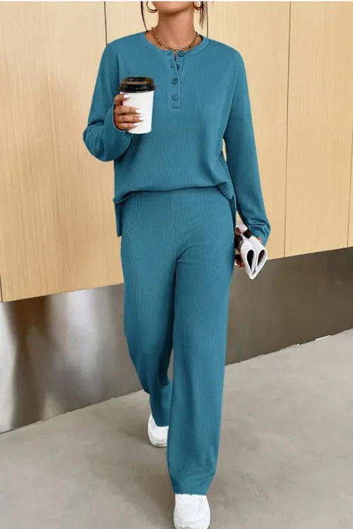 Bowie Ribbed Half Button Top and Pants Set