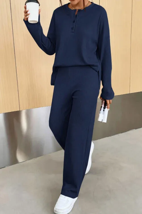 Bowie Ribbed Half Button Top and Pants Set