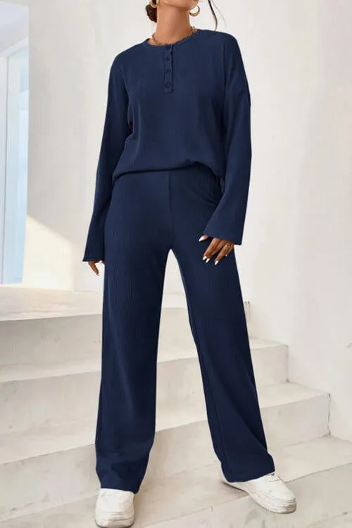 Bowie Ribbed Half Button Top and Pants Set