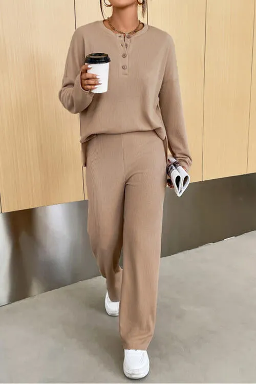 Bowie Ribbed Half Button Top and Pants Set