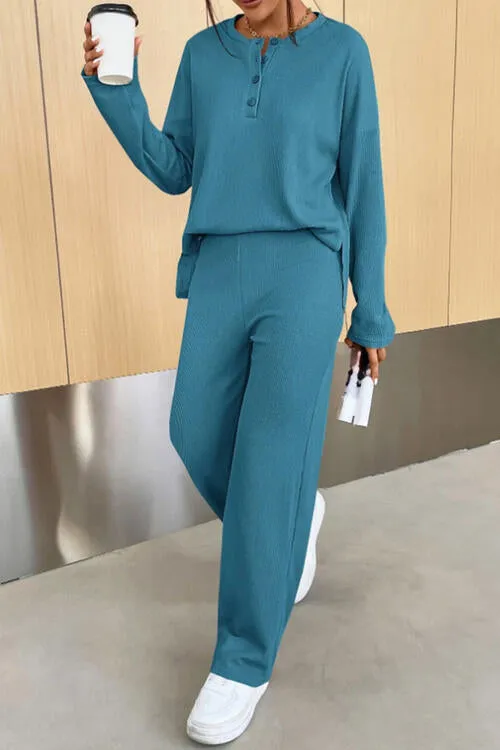 Bowie Ribbed Half Button Top and Pants Set