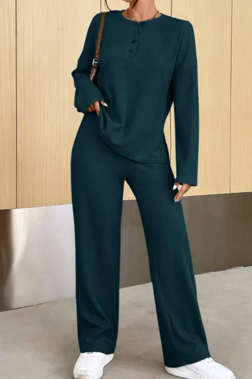 Bowie Ribbed Half Button Top and Pants Set