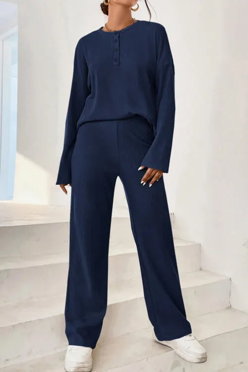 Bowie Ribbed Half Button Top and Pants Set