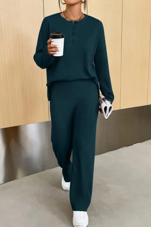 Bowie Ribbed Half Button Top and Pants Set