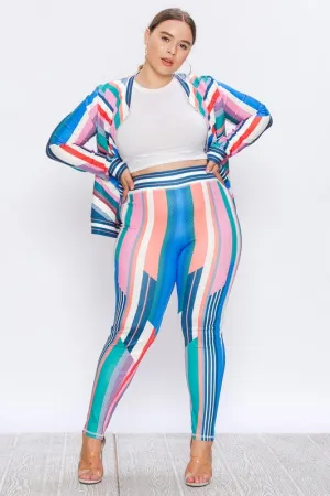 Bubble Gum Multi Color Geometric Stripe Stretch Fit Tracksuit (Curvy Posh) Plus