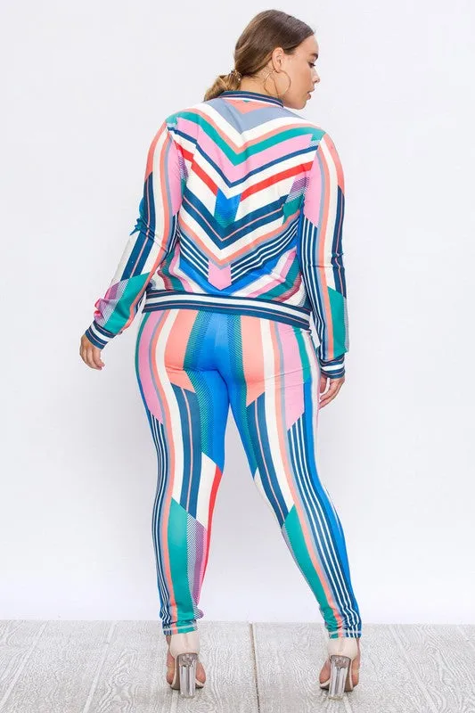 Bubble Gum Multi Color Geometric Stripe Stretch Fit Tracksuit (Curvy Posh) Plus