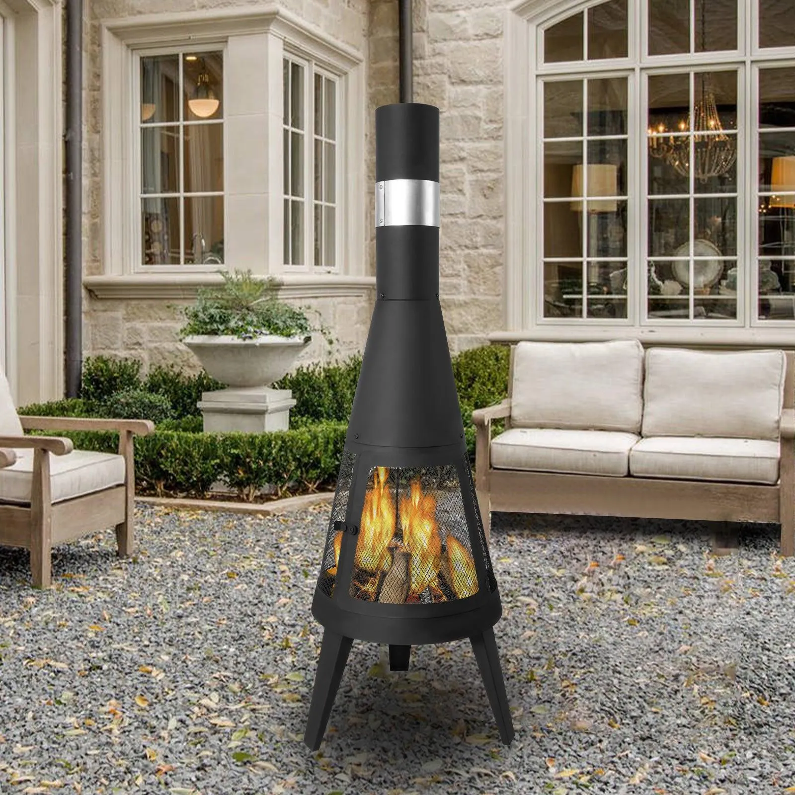 Chiminea Outdoor Fireplace 47.6" Metal Wood Burning Fire Pit with Log Grate, Black