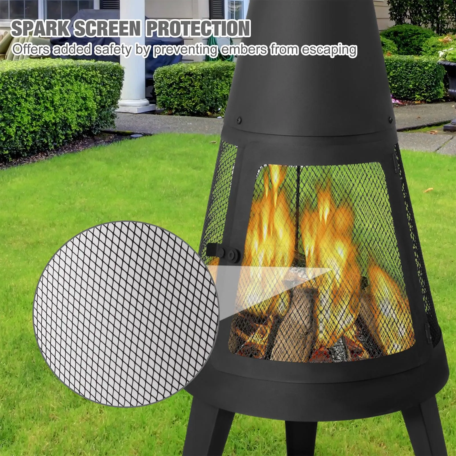 Chiminea Outdoor Fireplace 47.6" Metal Wood Burning Fire Pit with Log Grate, Black