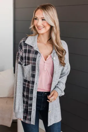 Craving Adventure Plaid Button Top- Heather Grey
