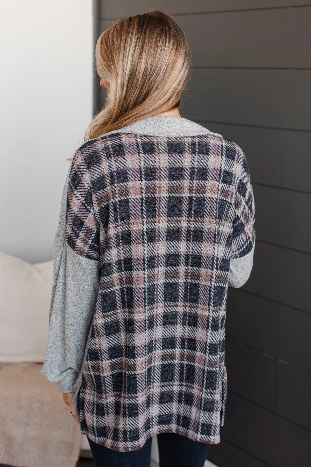 Craving Adventure Plaid Button Top- Heather Grey