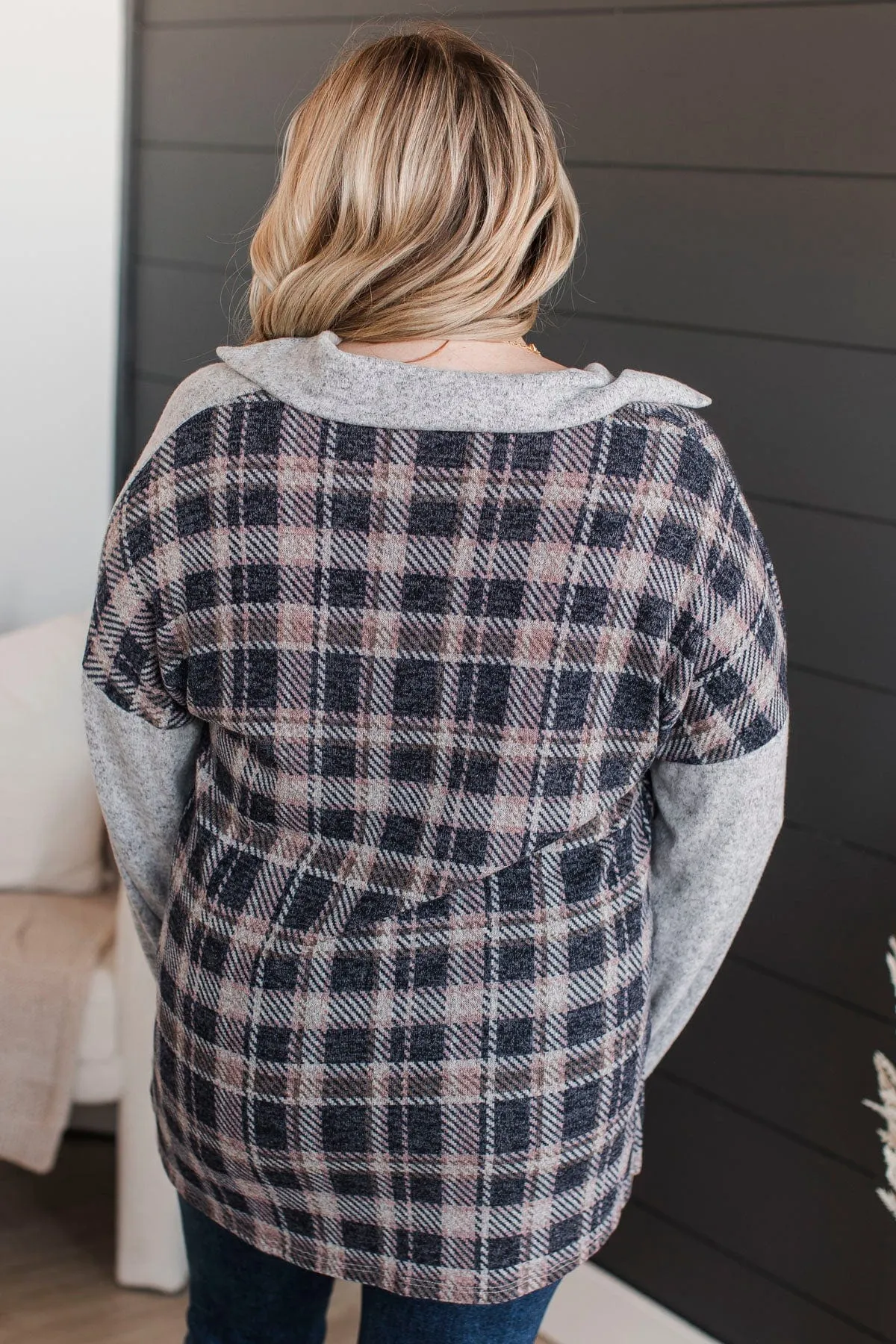 Craving Adventure Plaid Button Top- Heather Grey