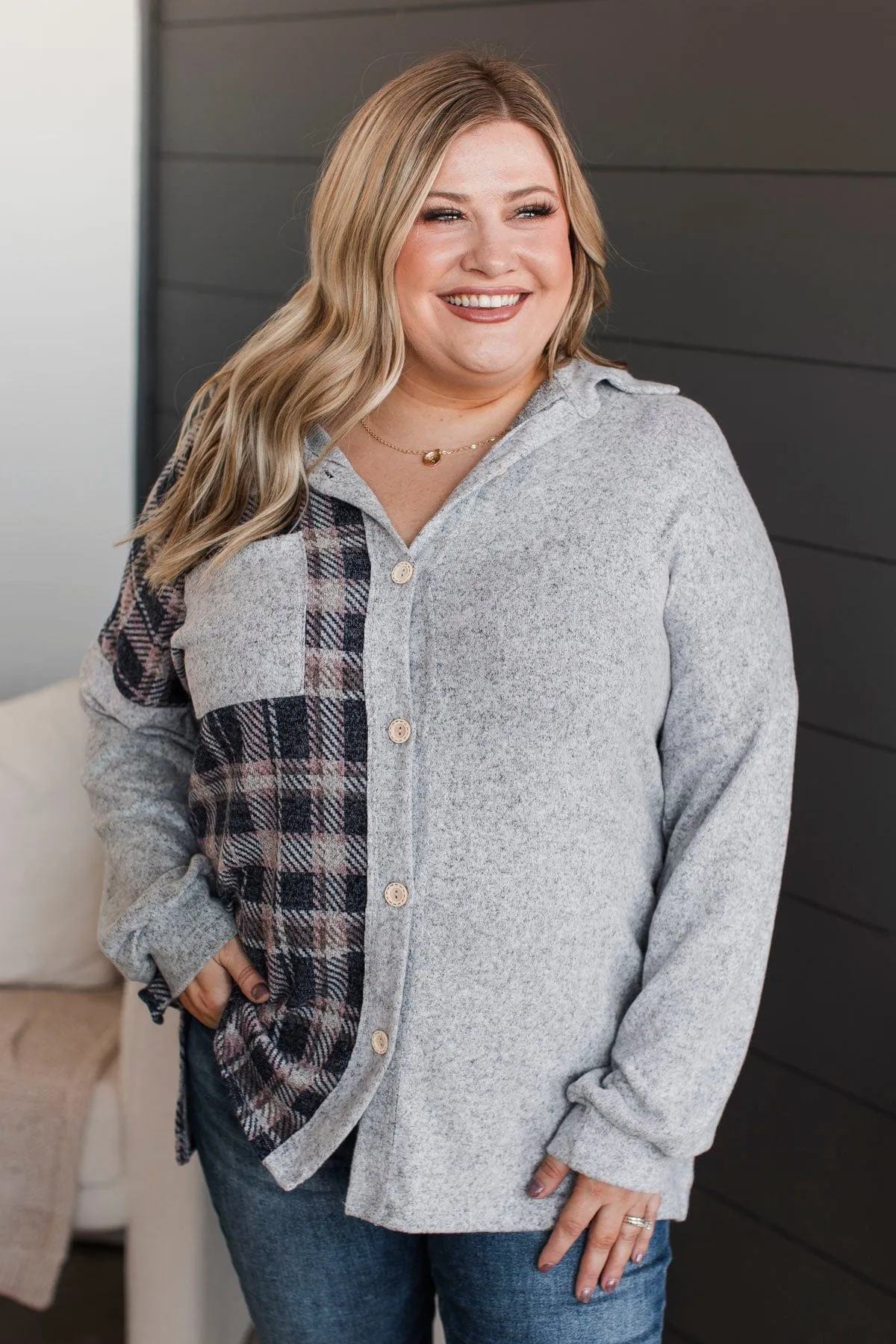 Craving Adventure Plaid Button Top- Heather Grey