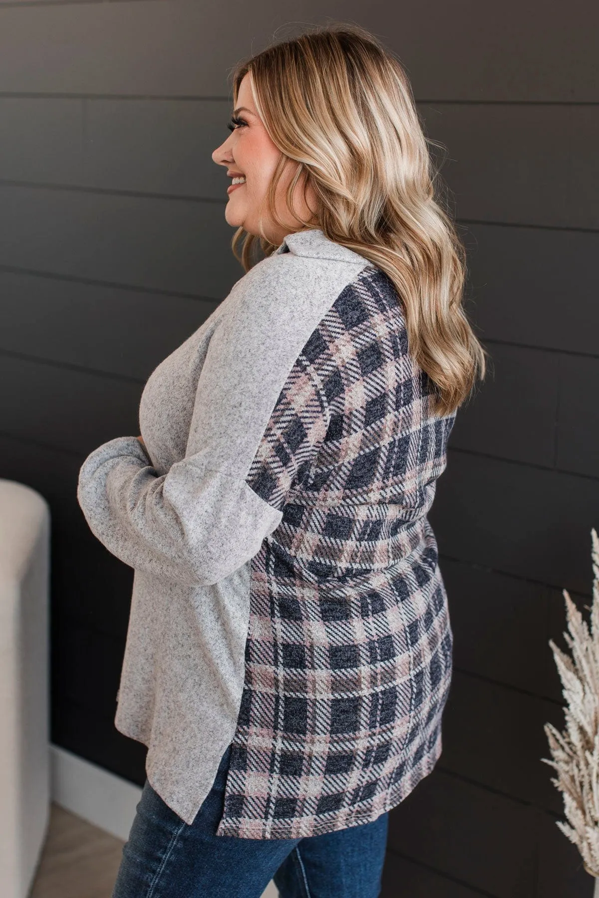 Craving Adventure Plaid Button Top- Heather Grey
