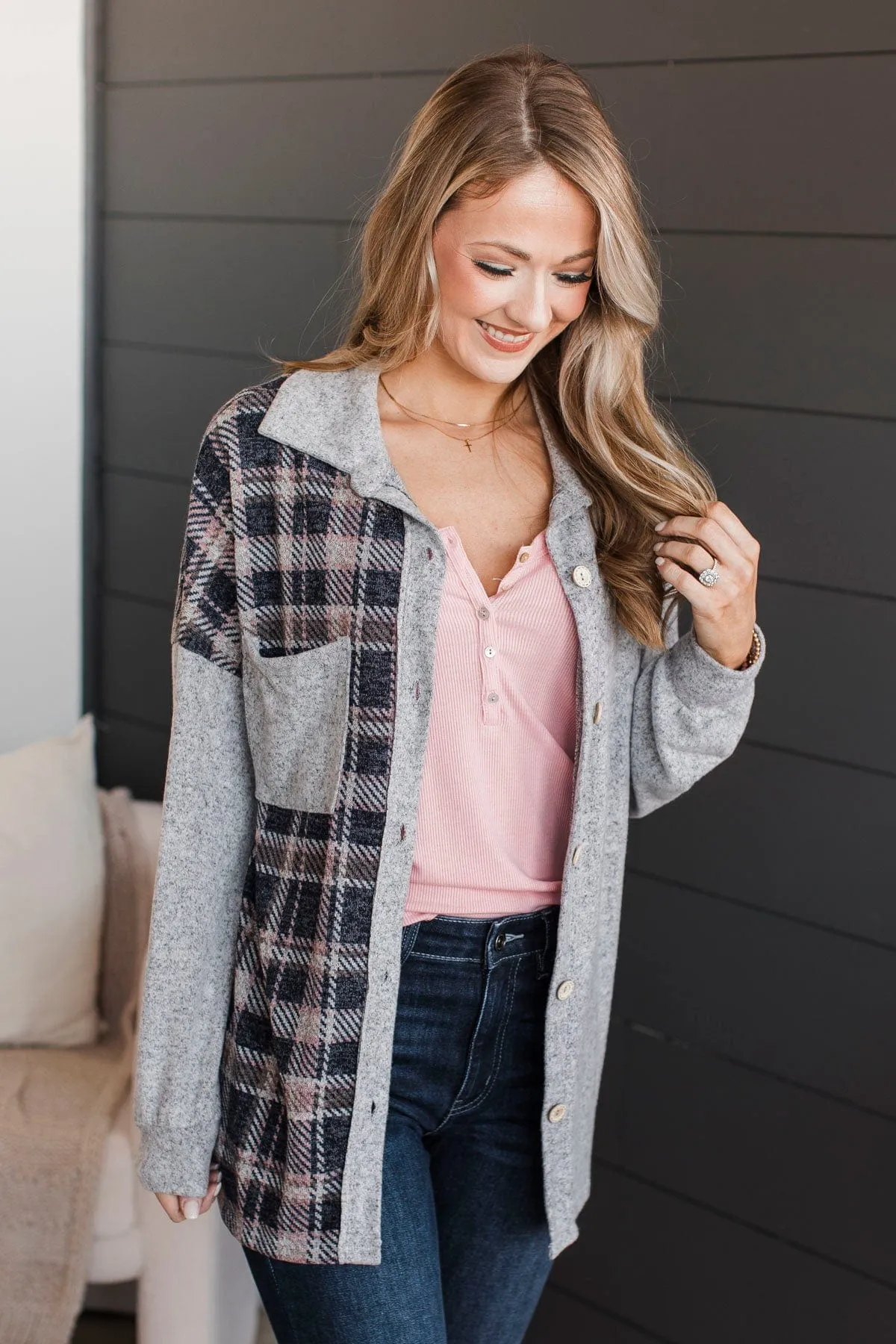 Craving Adventure Plaid Button Top- Heather Grey