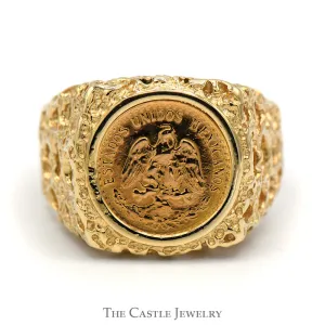 Dos Pesos Mexican Coin Ring in Open Style Nugget Designed Mounting in 10k Yellow Gold