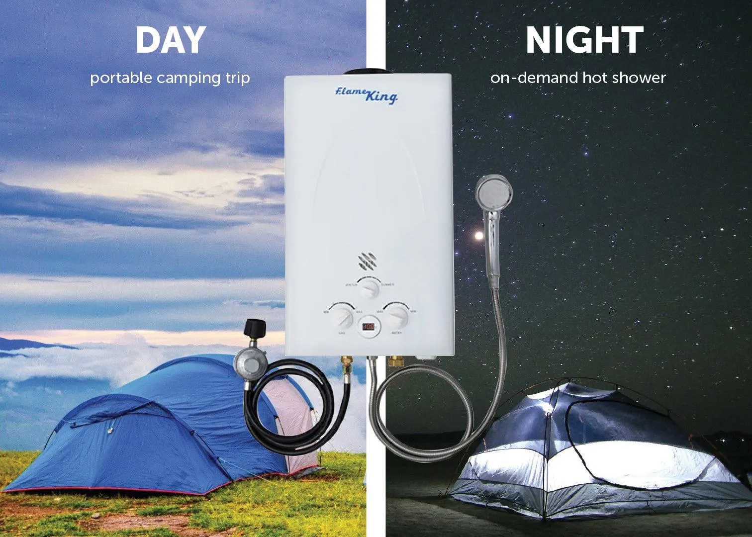 Flame King Tankless Outdoor Portable Camping Hot Shower Propane Gas 10L 2.64GPM Water Heater 68,000 BTU