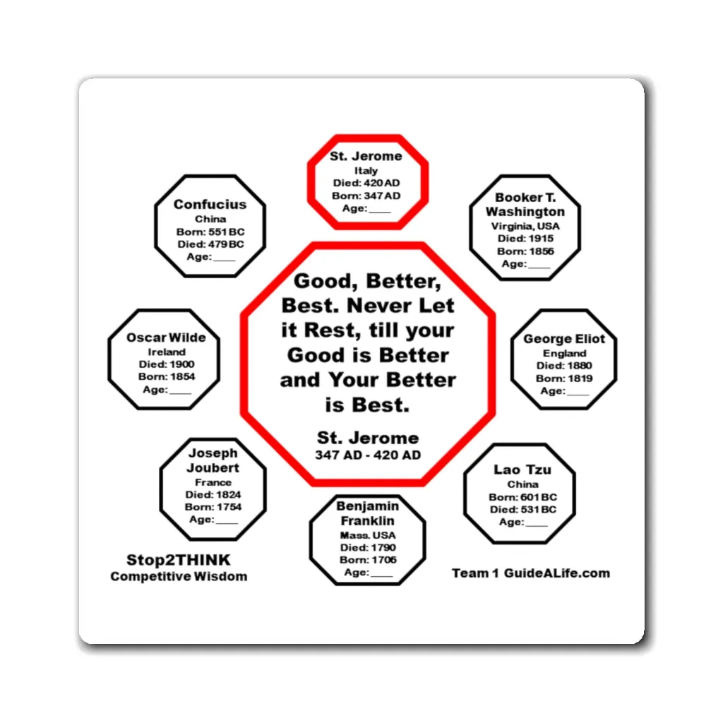 Good, Better, Best. Never Let it Rest, till your Good is Better and Your Better is Best.  -  St. Jerome  347 AD - 420 AD - Magnetic Wisdoms