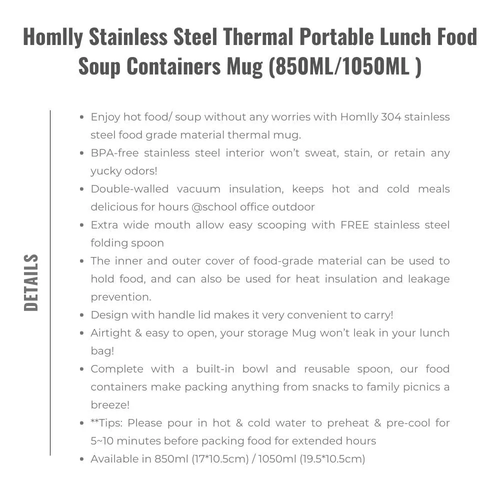 Homlly Stainless Steel Thermal Portable Lunch Food Soup Containers Mug (850ML/1050ML )