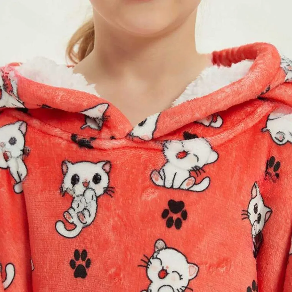 Hoodie Blanket (Kids Cat Red)