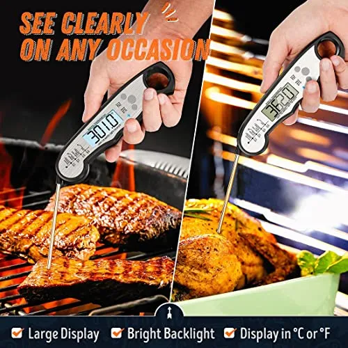 Instant Read Meat Thermometer for Cooking, Fast & Precise Digital Food Thermometer with Backlight, Magnet, Calibration, and Foldable Probe for Deep Fry, BBQ, Grill, and Roast Turkey