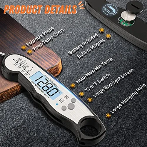 Instant Read Meat Thermometer for Cooking, Fast & Precise Digital Food Thermometer with Backlight, Magnet, Calibration, and Foldable Probe for Deep Fry, BBQ, Grill, and Roast Turkey
