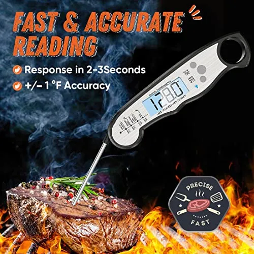 Instant Read Meat Thermometer for Cooking, Fast & Precise Digital Food Thermometer with Backlight, Magnet, Calibration, and Foldable Probe for Deep Fry, BBQ, Grill, and Roast Turkey