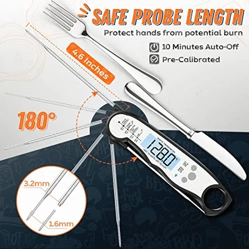 Instant Read Meat Thermometer for Cooking, Fast & Precise Digital Food Thermometer with Backlight, Magnet, Calibration, and Foldable Probe for Deep Fry, BBQ, Grill, and Roast Turkey