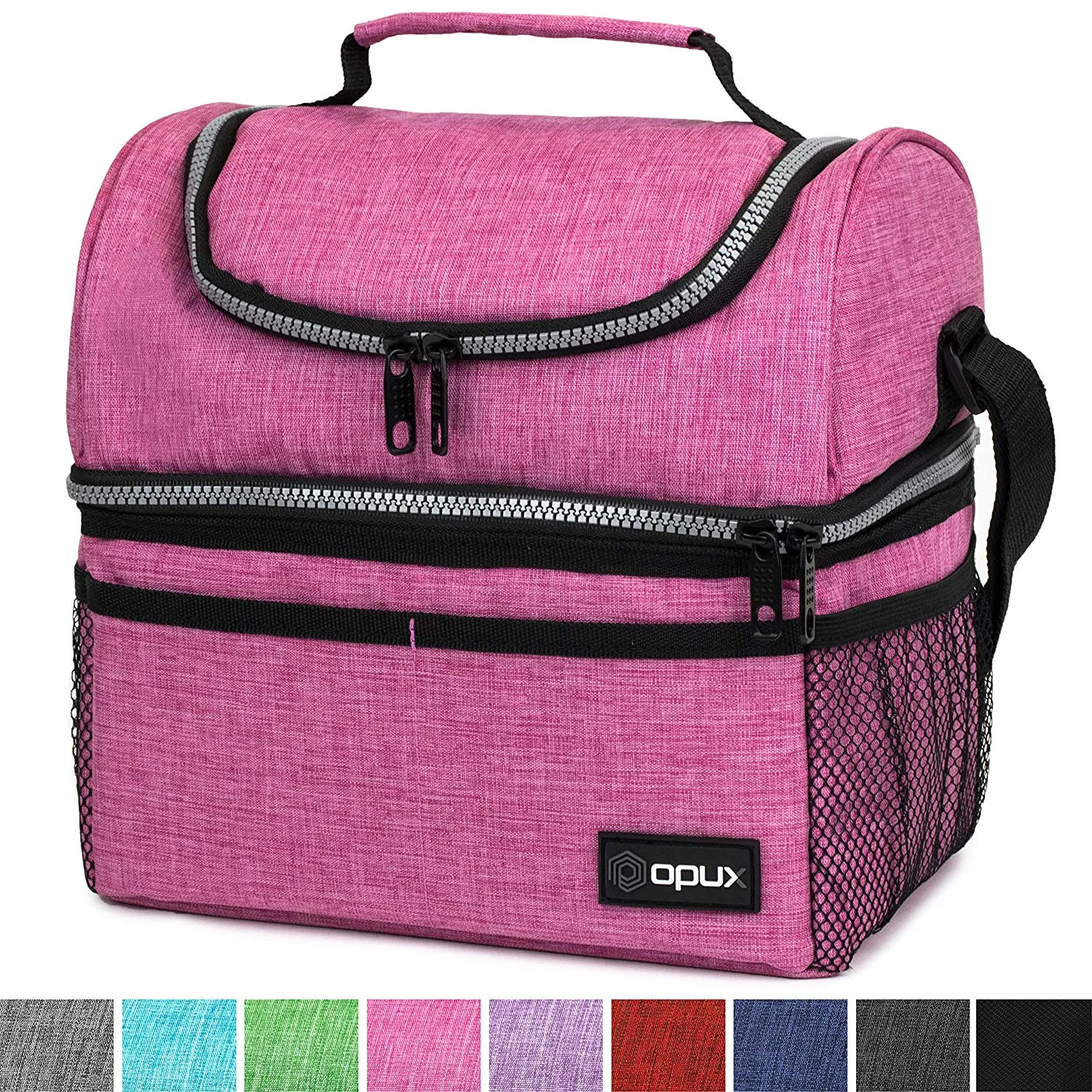 Insulated Dual Compartment Lunch Bag for Women, Ladies | Double Deck Reusable Lunch Box Cooler with Shoulder Strap, Leakproof Liner | Medium Lunch Pail for School, Work, Office (Heather Pink)