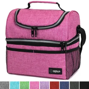 Insulated Dual Compartment Lunch Bag for Women, Ladies | Double Deck Reusable Lunch Box Cooler with Shoulder Strap, Leakproof Liner | Medium Lunch Pail for School, Work, Office (Heather Pink)