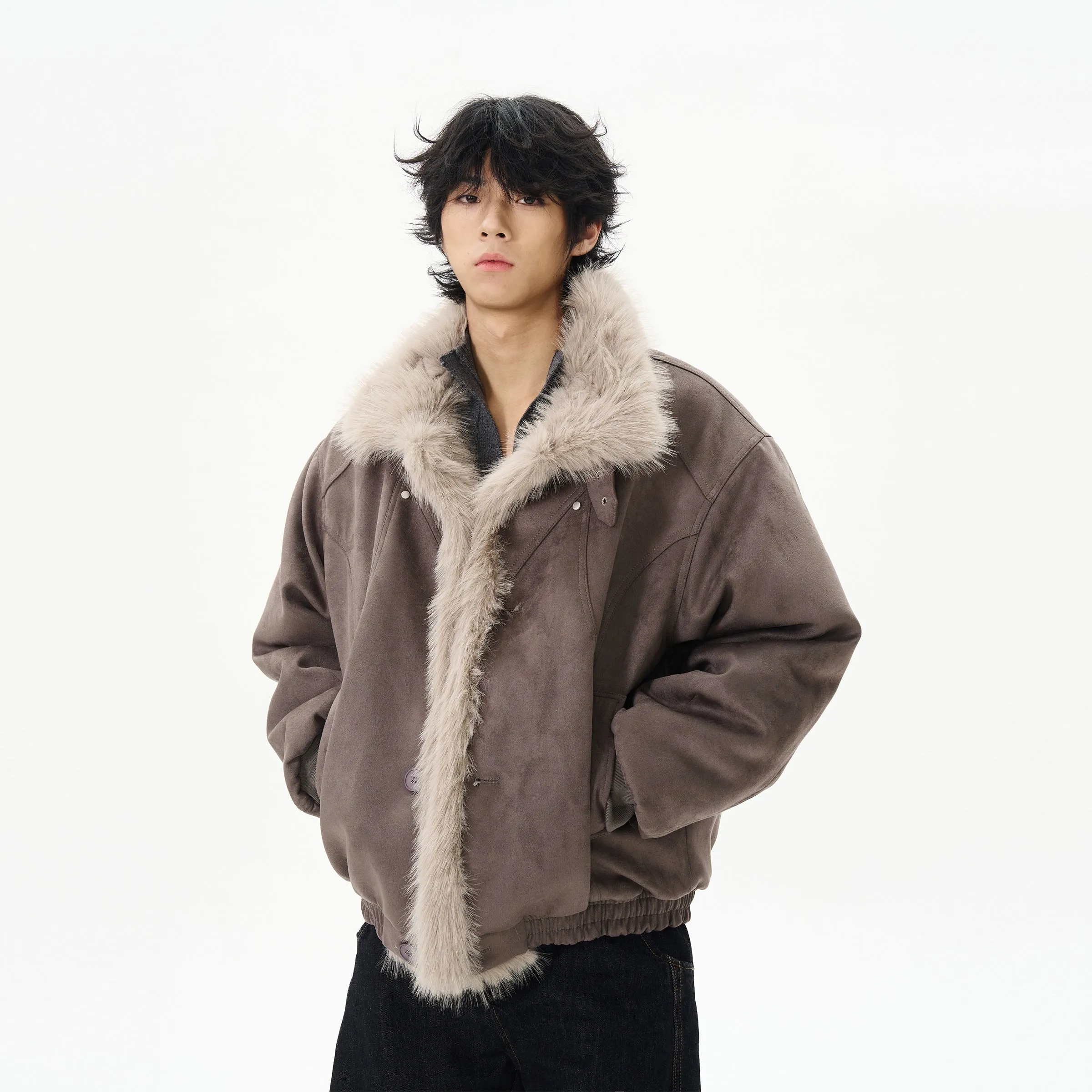 Insulated Suede Jacket with Fur Trim