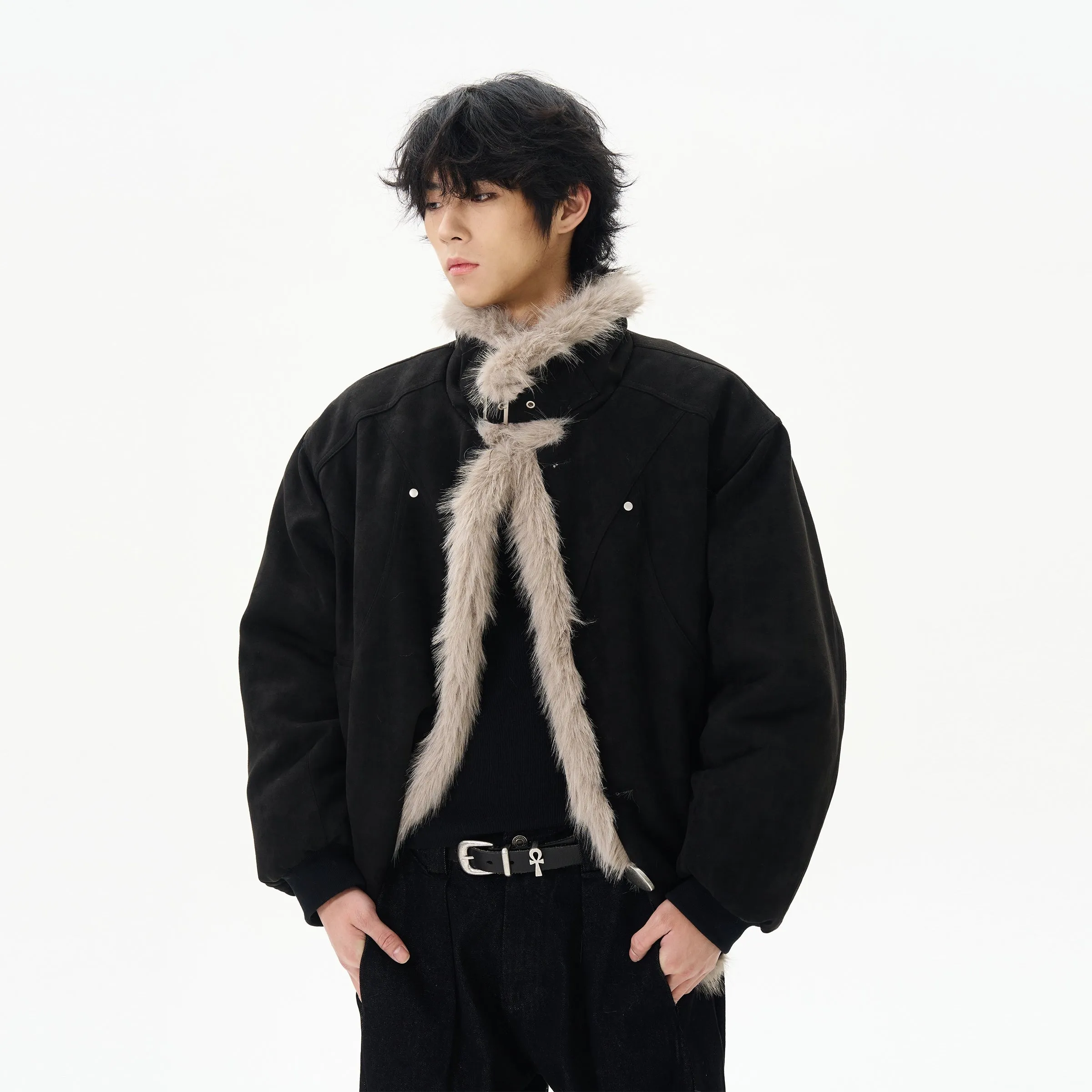 Insulated Suede Jacket with Fur Trim