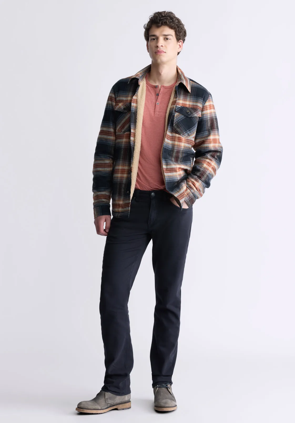 Jalika Men's Plaid Shacket with Sherpa Lining, Black & Brown - BM24447
