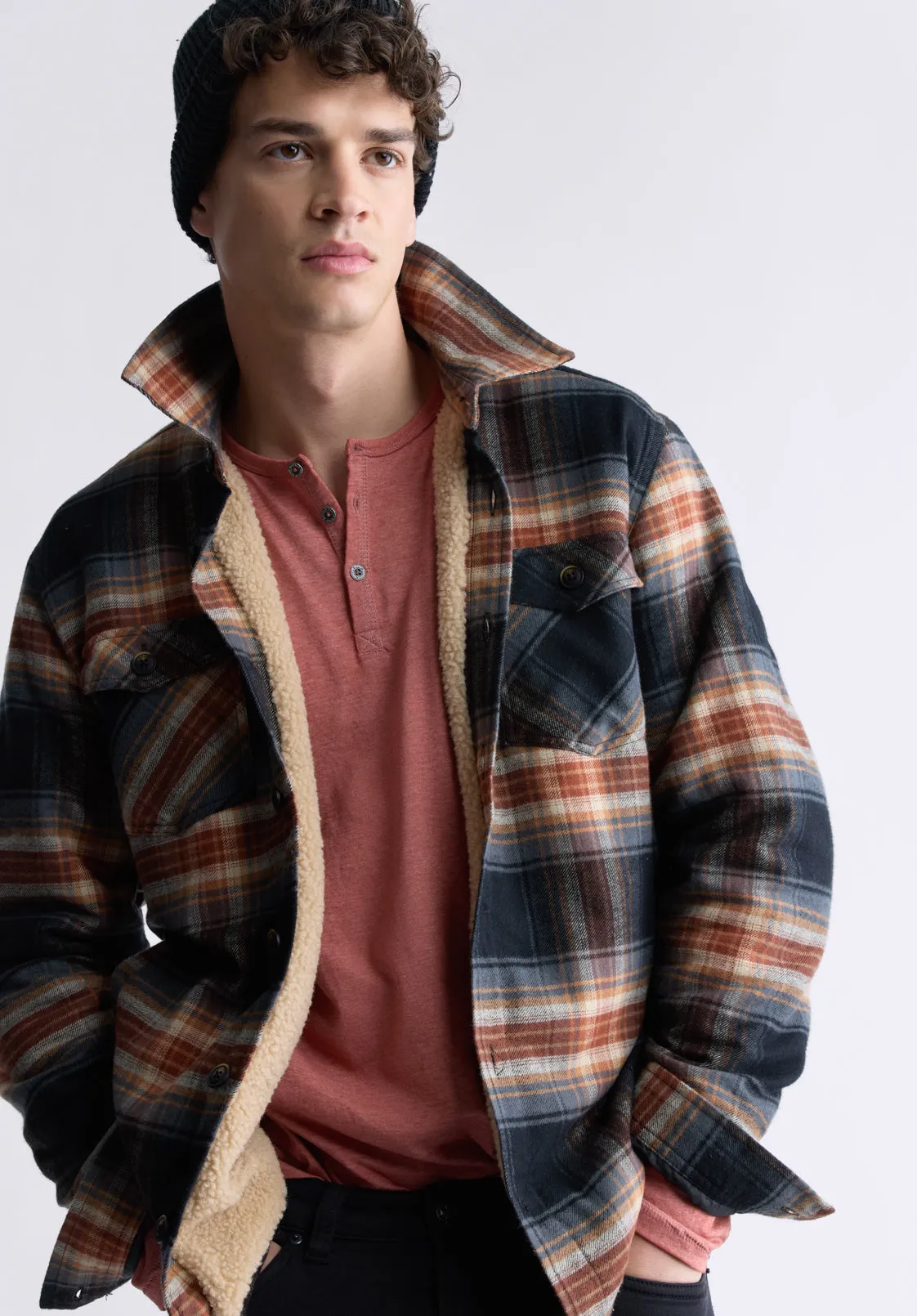 Jalika Men's Plaid Shacket with Sherpa Lining, Black & Brown - BM24447