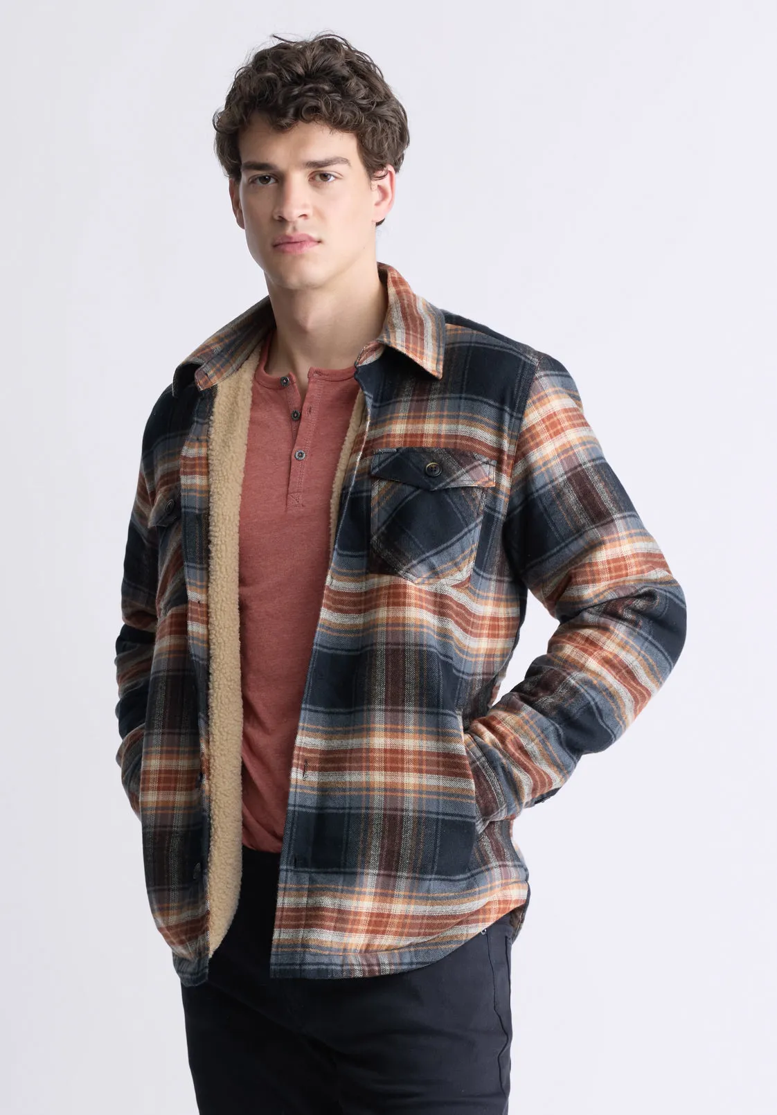 Jalika Men's Plaid Shacket with Sherpa Lining, Black & Brown - BM24447
