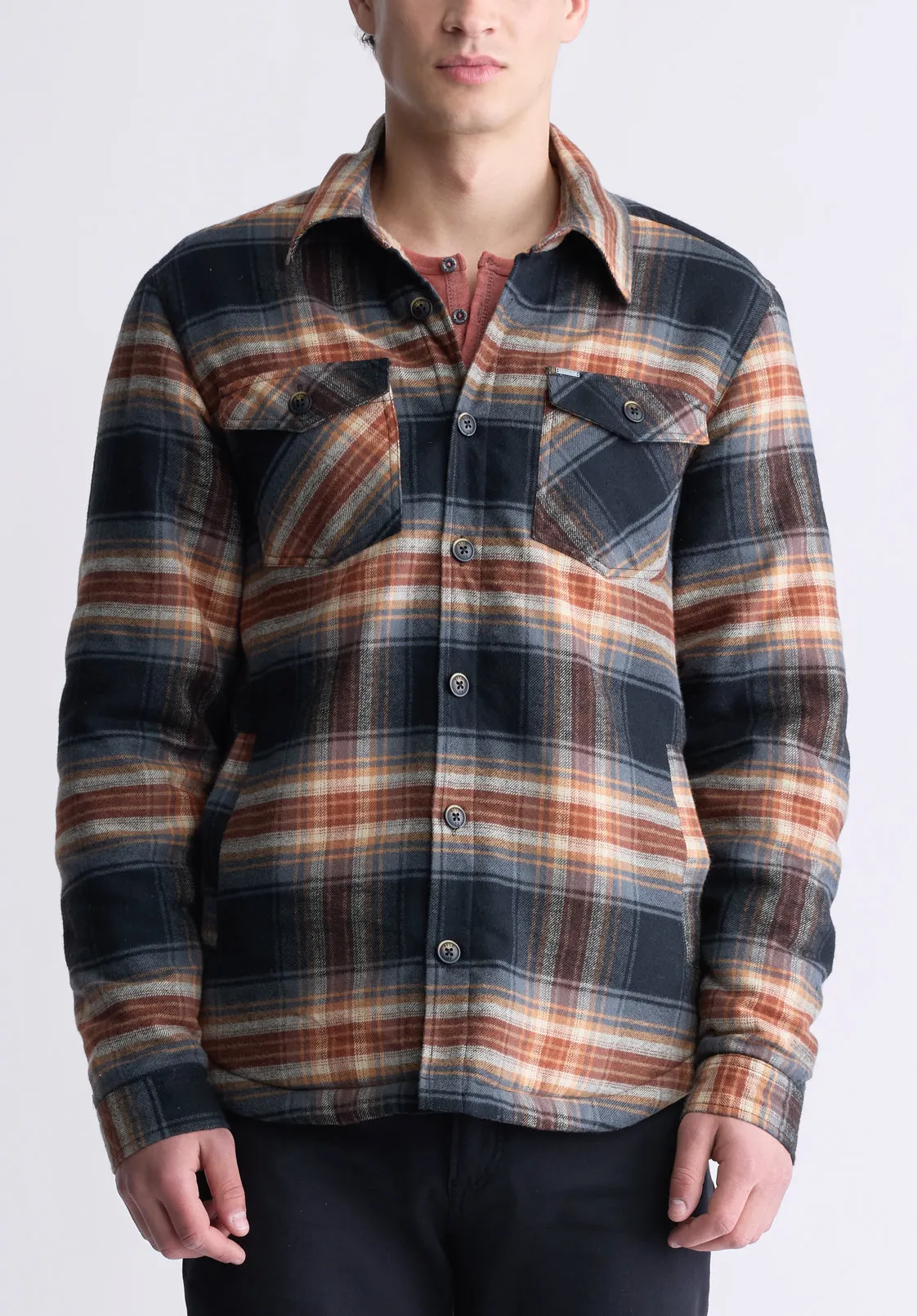 Jalika Men's Plaid Shacket with Sherpa Lining, Black & Brown - BM24447