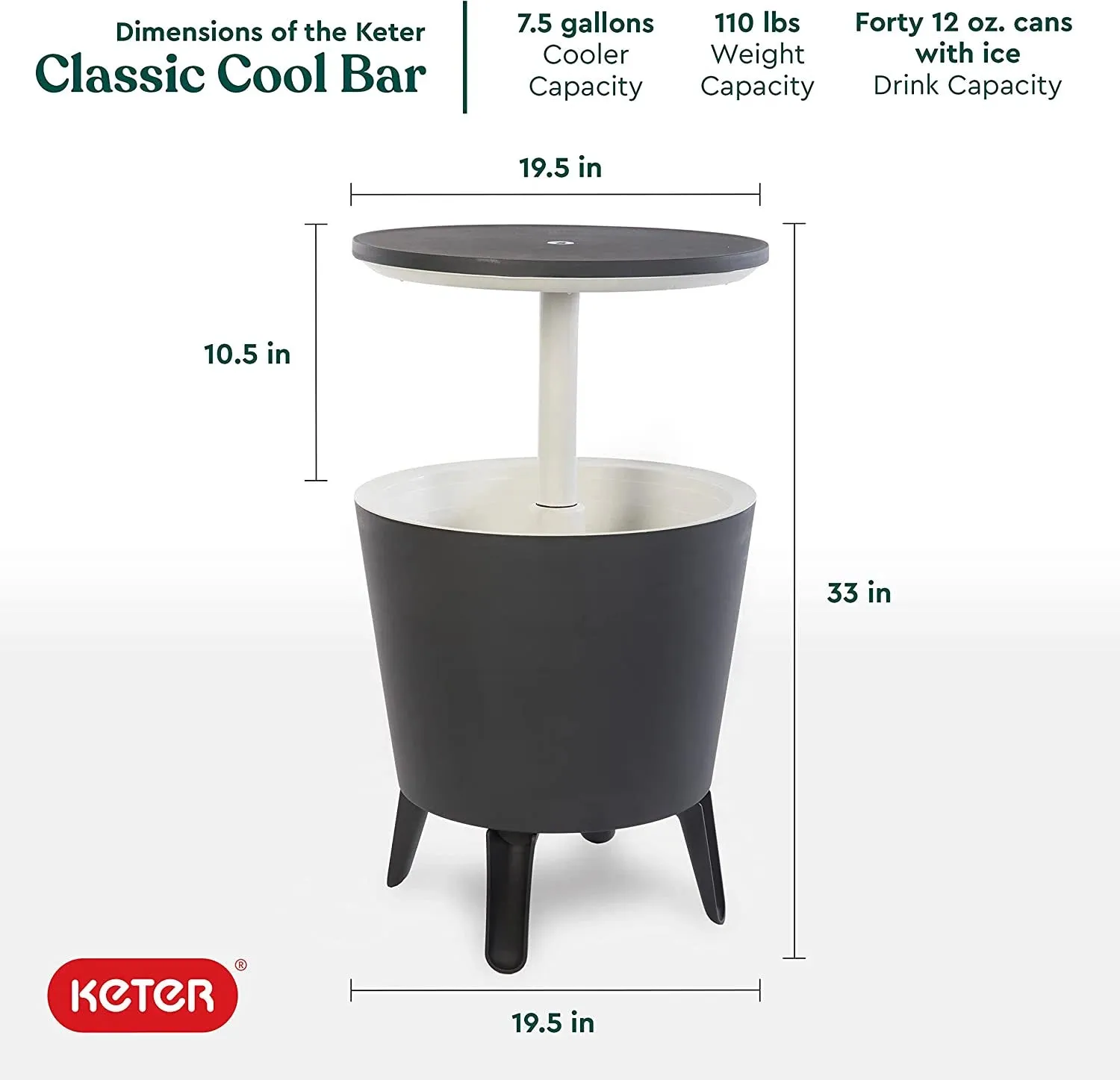 Keter 32 Qt. 2 in 1 Side Table and Bar. Weather Resistant, 20 litre beverage storage capacity to handle up to 60 cans or 40 bottles of water with ice Retails $190 