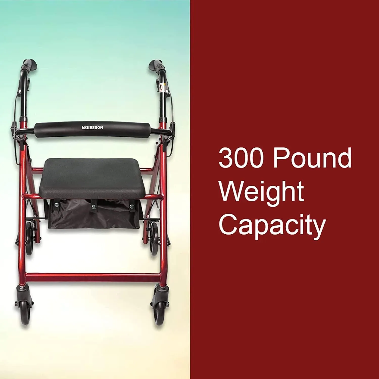 McKesson Rollator Walker with Seat and Wheels, Lightweight, Aluminum, 300 lbs Weight Capacity, Red, 1 Count