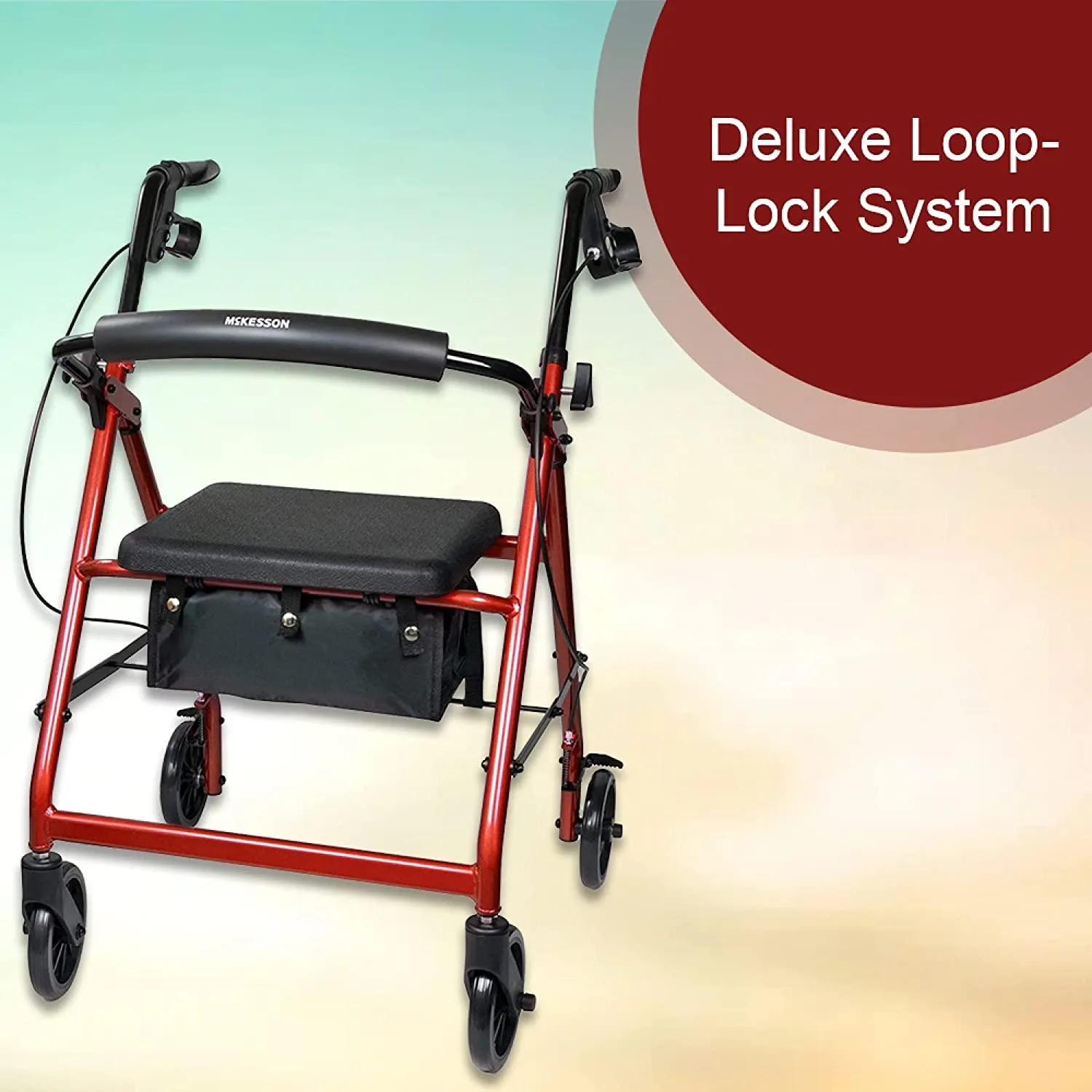 McKesson Rollator Walker with Seat and Wheels, Lightweight, Aluminum, 300 lbs Weight Capacity, Red, 1 Count