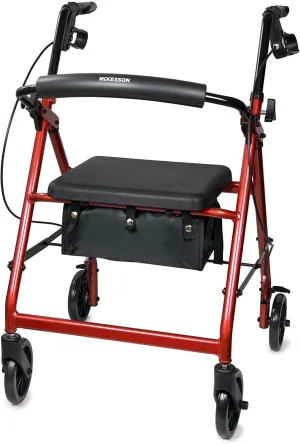 McKesson Rollator Walker with Seat and Wheels, Lightweight, Aluminum, 300 lbs Weight Capacity, Red, 1 Count