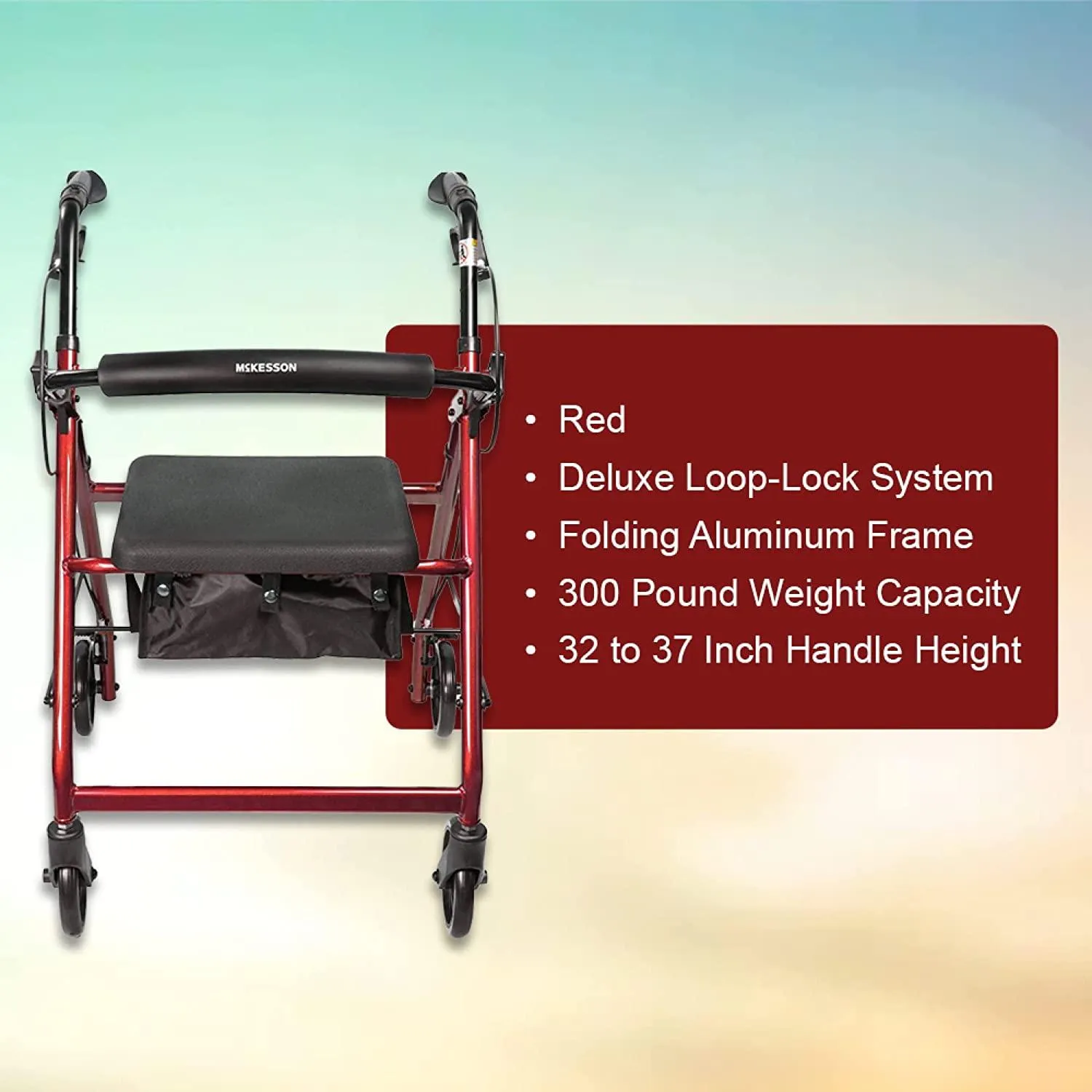 McKesson Rollator Walker with Seat and Wheels, Lightweight, Aluminum, 300 lbs Weight Capacity, Red, 1 Count