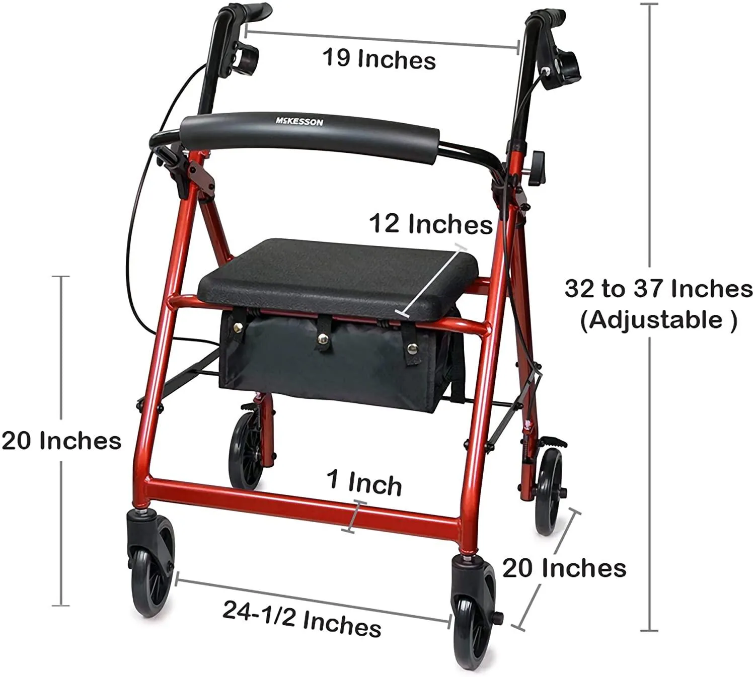 McKesson Rollator Walker with Seat and Wheels, Lightweight, Aluminum, 300 lbs Weight Capacity, Red, 1 Count