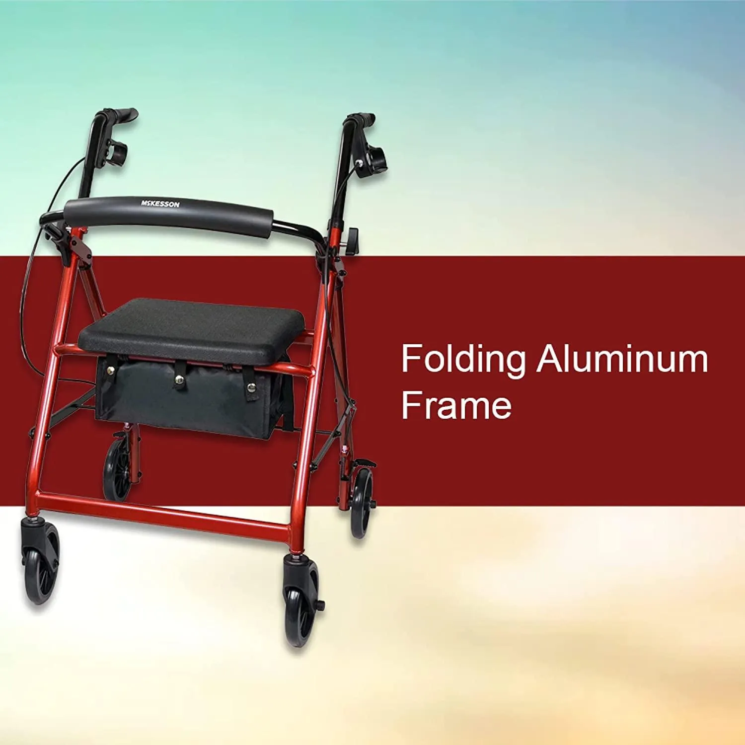 McKesson Rollator Walker with Seat and Wheels, Lightweight, Aluminum, 300 lbs Weight Capacity, Red, 1 Count